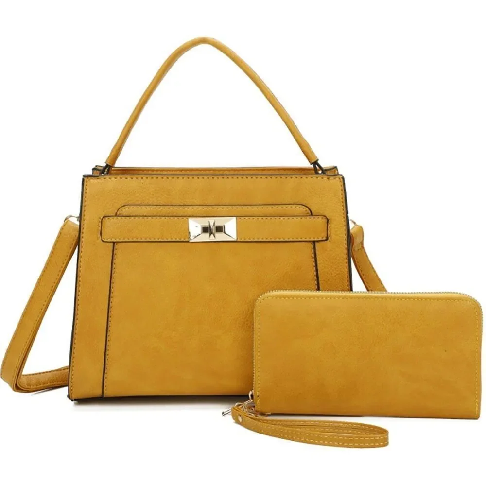 Womens Yellow Medium Size Top Handle Satchel With Wallet